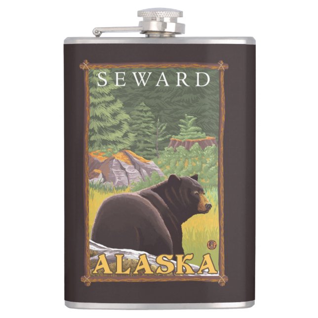 Black Bear in Forest - Seward, Alaska Hip Flask (Front)