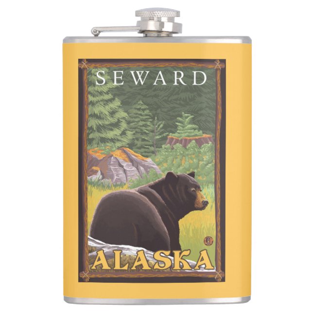 Black Bear in Forest - Seward, Alaska Hip Flask (Front)