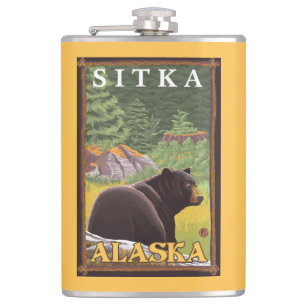 Black Bear in Forest - Sitka, Alaska Hip Flask