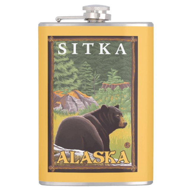 Black Bear in Forest - Sitka, Alaska Hip Flask (Front)