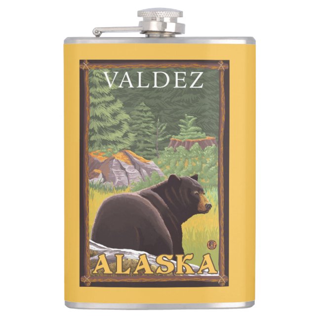 Black Bear in Forest - Valdez, Alaska Hip Flask (Front)