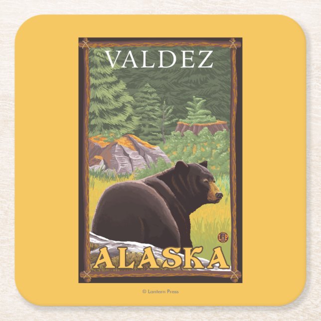 Black Bear in Forest - Valdez, Alaska Square Paper Coaster (Front)