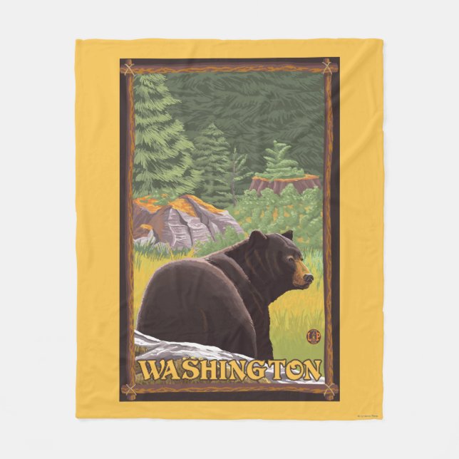 Black Bear in Forest - Washington Fleece Blanket (Front)