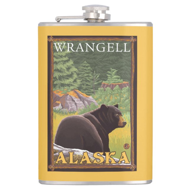 Black Bear in Forest - Wrangell, Alaska Hip Flask (Front)