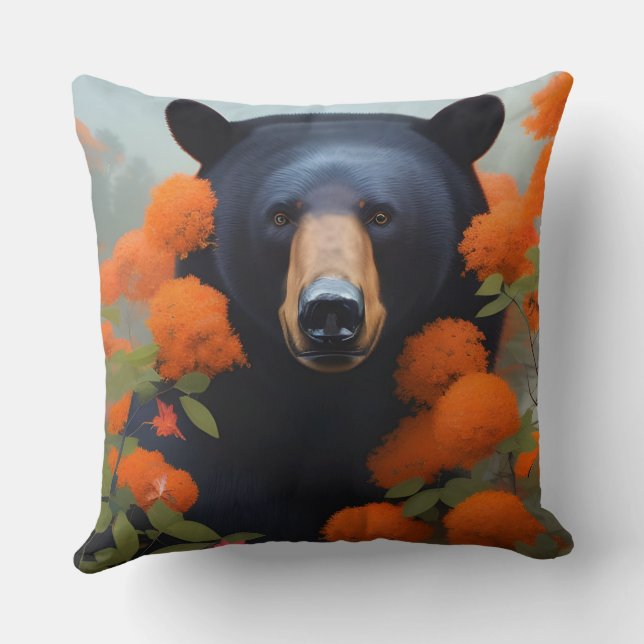 Black Bear in Orange flowers Cushion (Back)