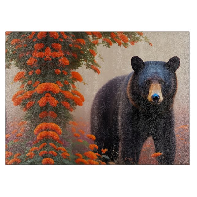 Black Bear in Orange flowers Cutting Board (Front)