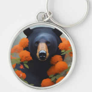 Black Bear in Orange flowers Key Ring
