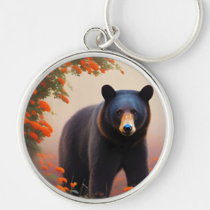 Black Bear in Orange flowers Key Ring