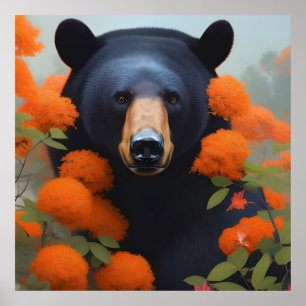 Black Bear in Orange flowers Poster