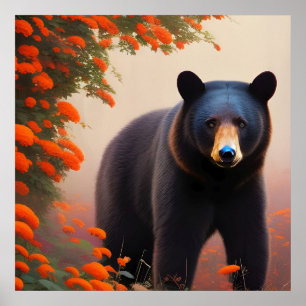 Black Bear in Orange flowers Poster