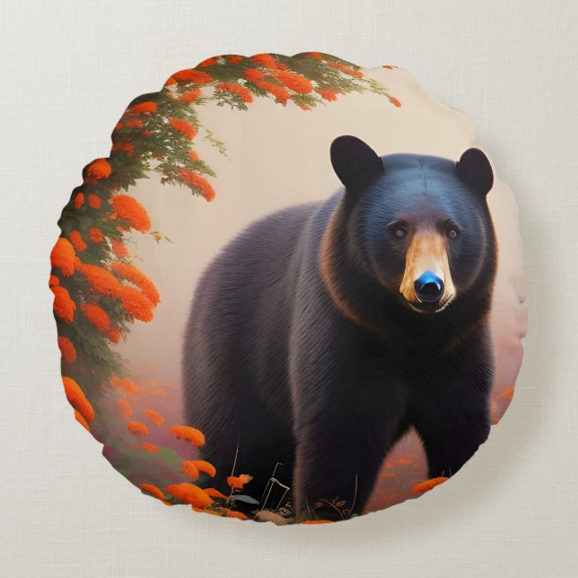 Black Bear in Orange flowers  Round Cushion (Front)