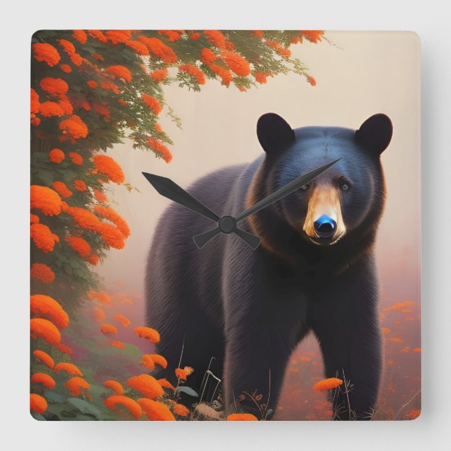 Black Bear in Orange flowers   Square Wall Clock (Front)