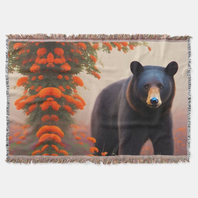 Black Bear in Orange flowers   Throw Blanket (Front)
