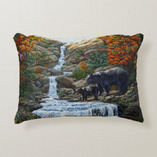 Black Bear Mother & Cub Waterfall Decorative Cushion