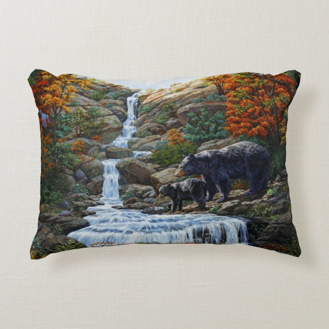 Black Bear Mother & Cub Waterfall Decorative Cushion (Front)