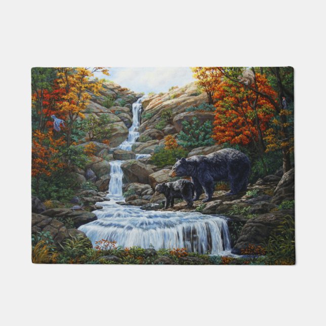 Black Bear Mother & Cub Waterfall Doormat (Front)