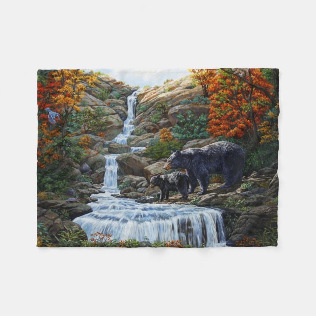 Black Bear Mother & Cub Waterfall Fleece Blanket (Front (Horizontal))