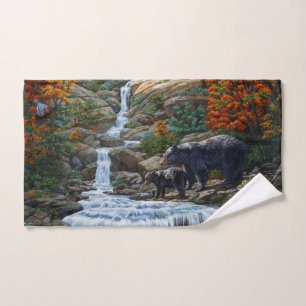 Black Bear Mother & Cub Waterfall Hand Towel