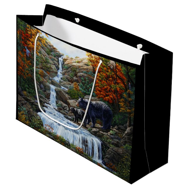 Black Bear Mother & Cub Waterfall Large Gift Bag (Front Angled)