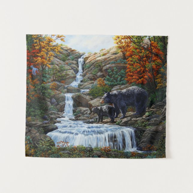 Black Bear Mother & Cub Waterfall Tapestry (Front (Horizontal))