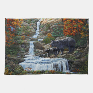 Black Bear Mother & Cub Waterfall Tea Towel