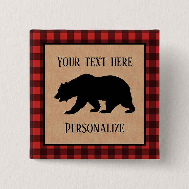 Black Bear On A Red And Black Plaid Personalised 15 Cm Square Badge (Front)