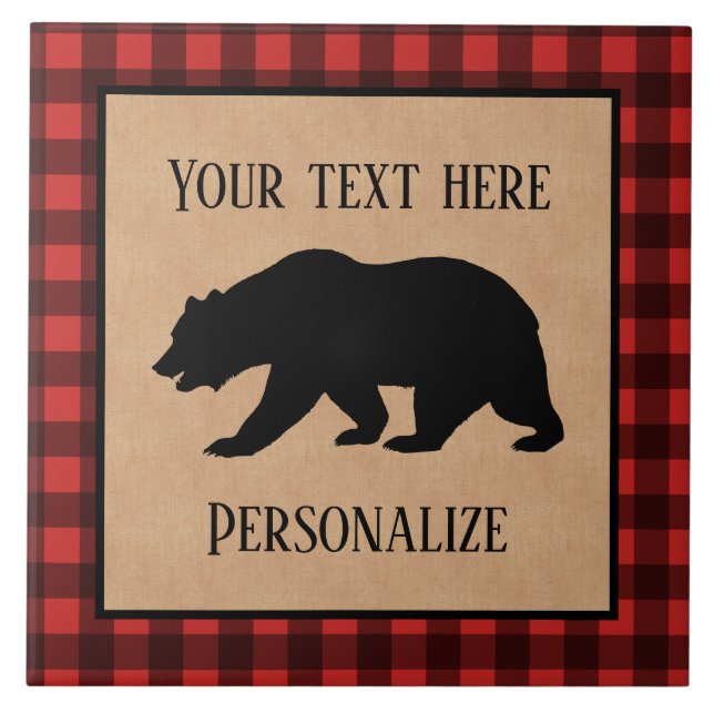 Black Bear On A Red And Black Plaid Personalised Ceramic Tile (Front)