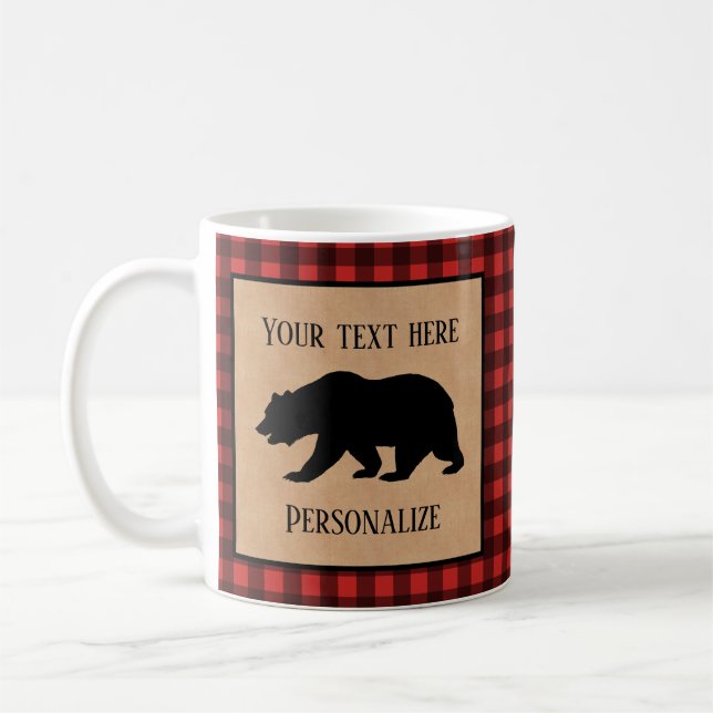 Black Bear On A Red And Black Plaid Personalised Coffee Mug (Left)