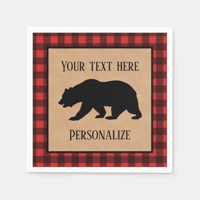 Black Bear On A Red And Black Plaid Personalised Napkin (Front)