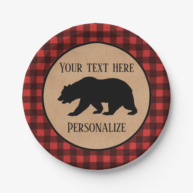  Black Bear On A Red And Black Plaid Personalised Paper Plate (Front)
