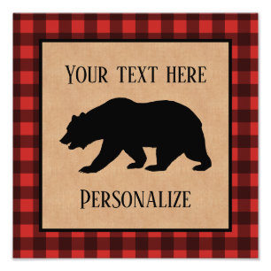 Black Bear On A Red And Black Plaid Personalised Photo Print