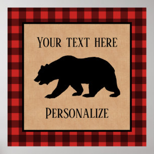 Black Bear On A Red And Black Plaid Personalised Poster
