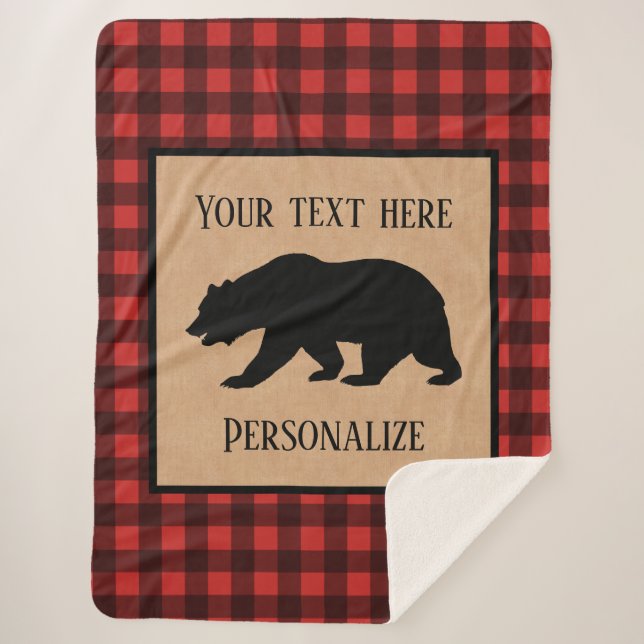 Black Bear On A Red And Black Plaid Personalised Sherpa Blanket (Front)