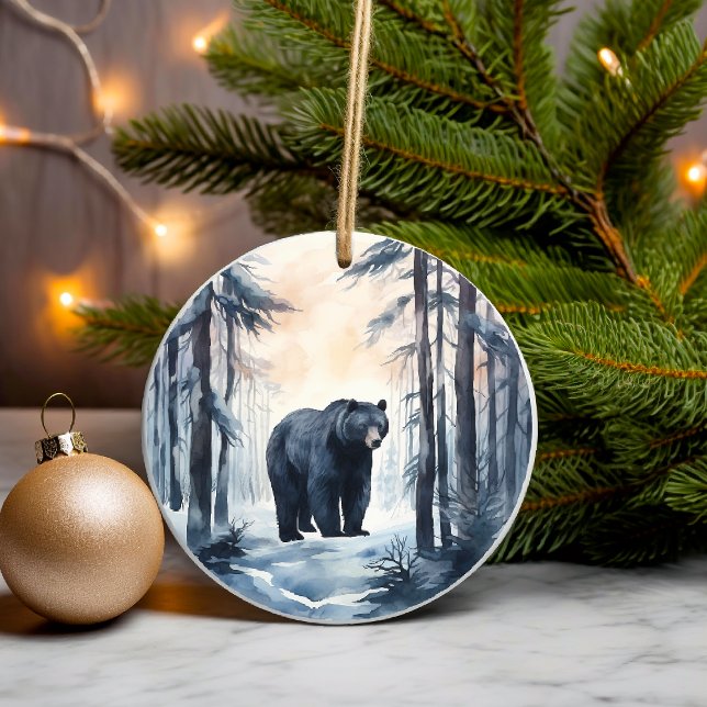 Black Bear on Winter Woodland Forest Animals  Ceramic Ornament (Creator Uploaded)