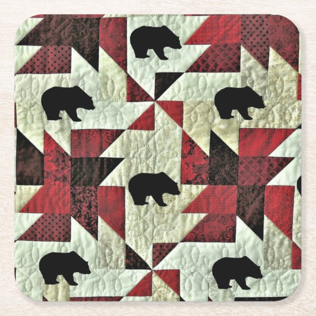 Black Bear Quilt Square Paper Coaster (Front)