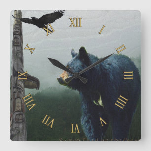 Black Bear, Raven & Totem Pole Art Square Wall Clock