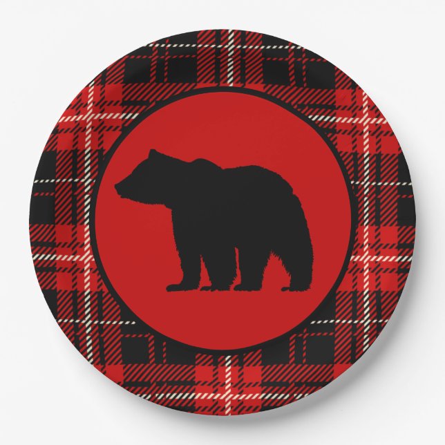 Black Bear Red Black Plaid Paper Plate (Front)