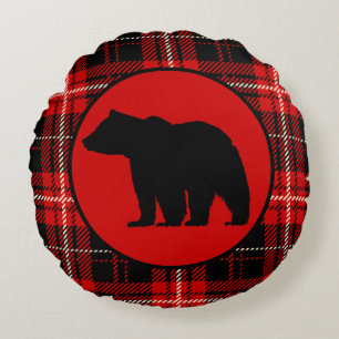 Black Bear, Red Plaid Cabin Round Cushion