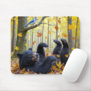 Black Bear Rolling In Autumn Leaves Mouse Pad