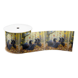 Black Bear Rolling In Autumn Leaves Satin Ribbon