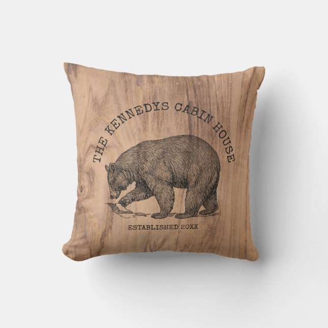 Black Bear Rustic Wood Family Name Cozy Cabin Cushion (Front)