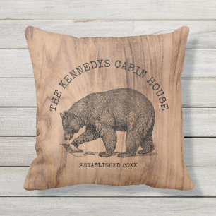 Black Bear Rustic Wood Family Name Cozy Cabin Cushion