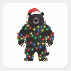 Black Bear Santa Hat Christmas Lights Merry Square Sticker