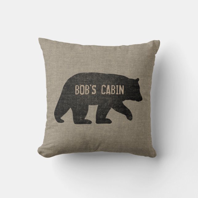 Black Bear Silhouette Faux Linen Style Custom Cushion (Front)