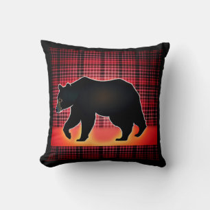 Black Bear Silhouette On Plaid Cushion