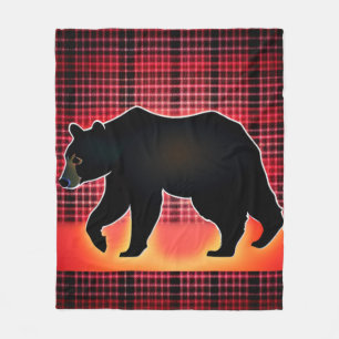 Black Bear Silhouette On Plaid Fleece Blanket
