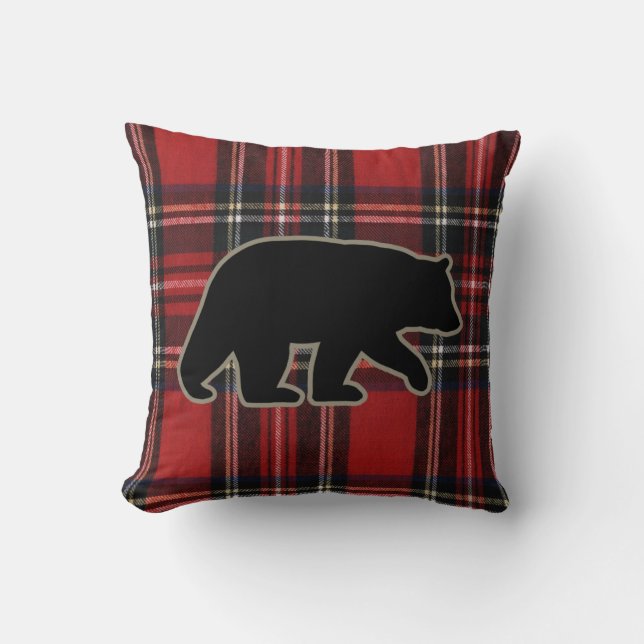 Black Bear Silhouette on Red Plaid Cute Country Cushion (Front)