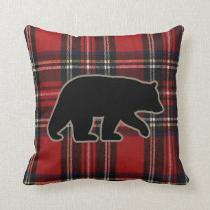 Black Bear Silhouette on Red Plaid Cute Country Cushion
