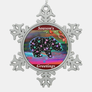Black Bear Spirit Northern Light Colours Christmas Snowflake Pewter Christmas Ornament