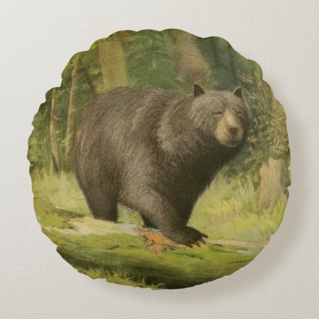 Black Bear Stepping on a Tree Trunk Round Cushion (Front)